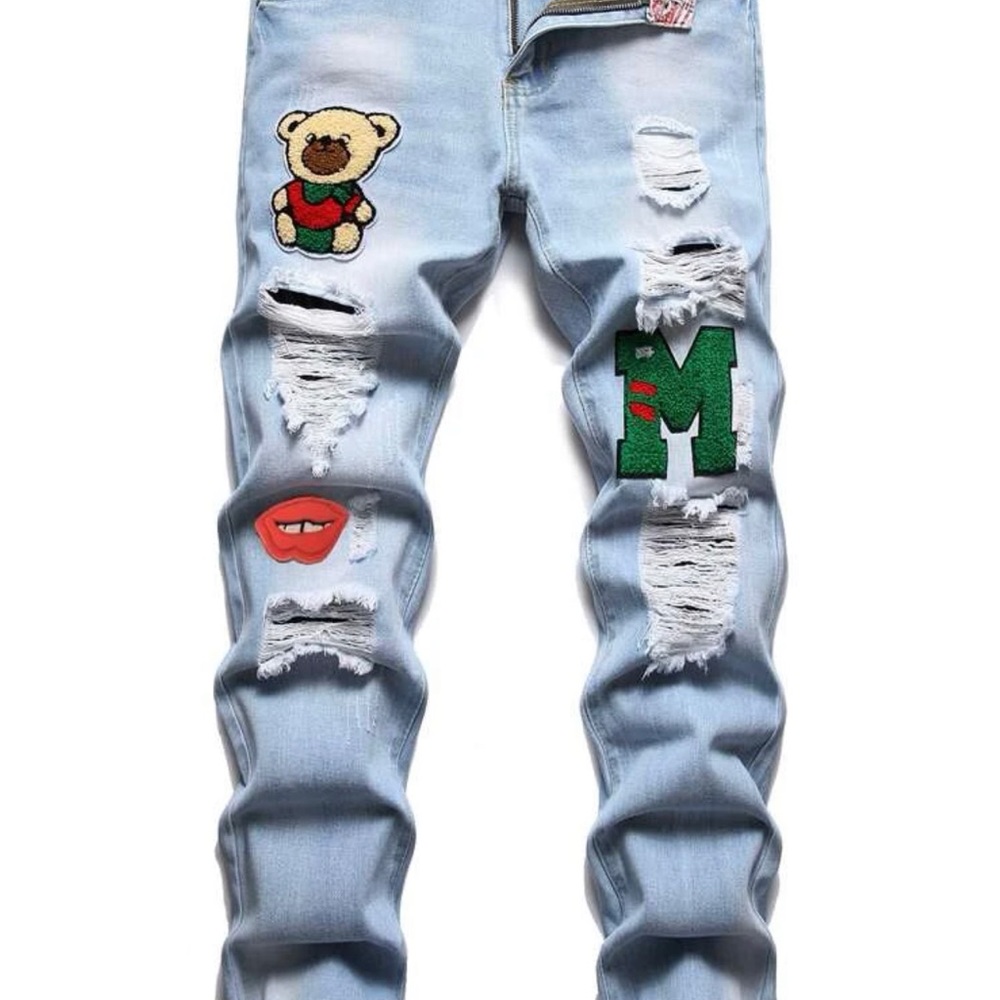 Men Cartoon & Letter Patched Ripped Jeans